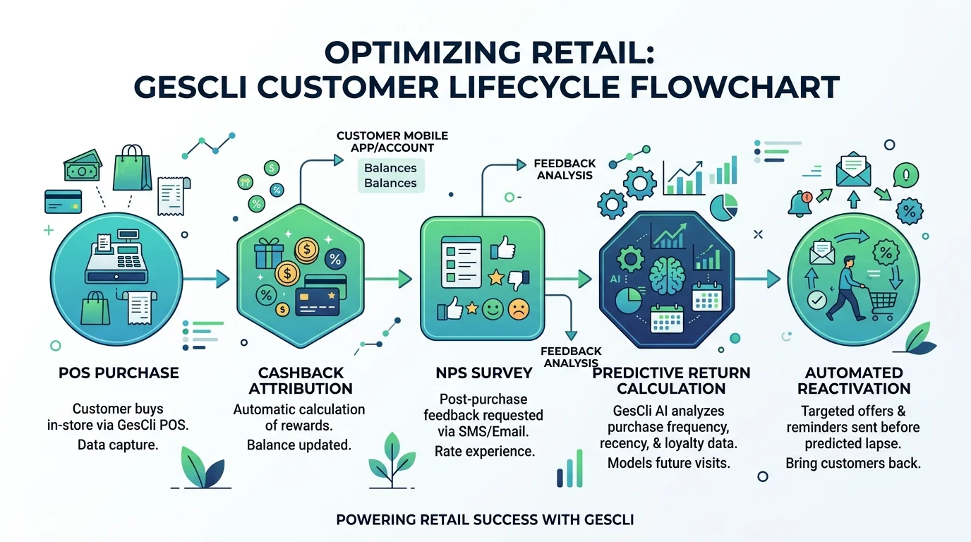 Infográfico do Ciclo do Cliente no GesCli: Compra, Cashback, NPS e Reativação LTV